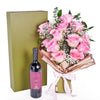 Mother’s Day 12 Stem Pink Rose Bouquet with Box & Wine