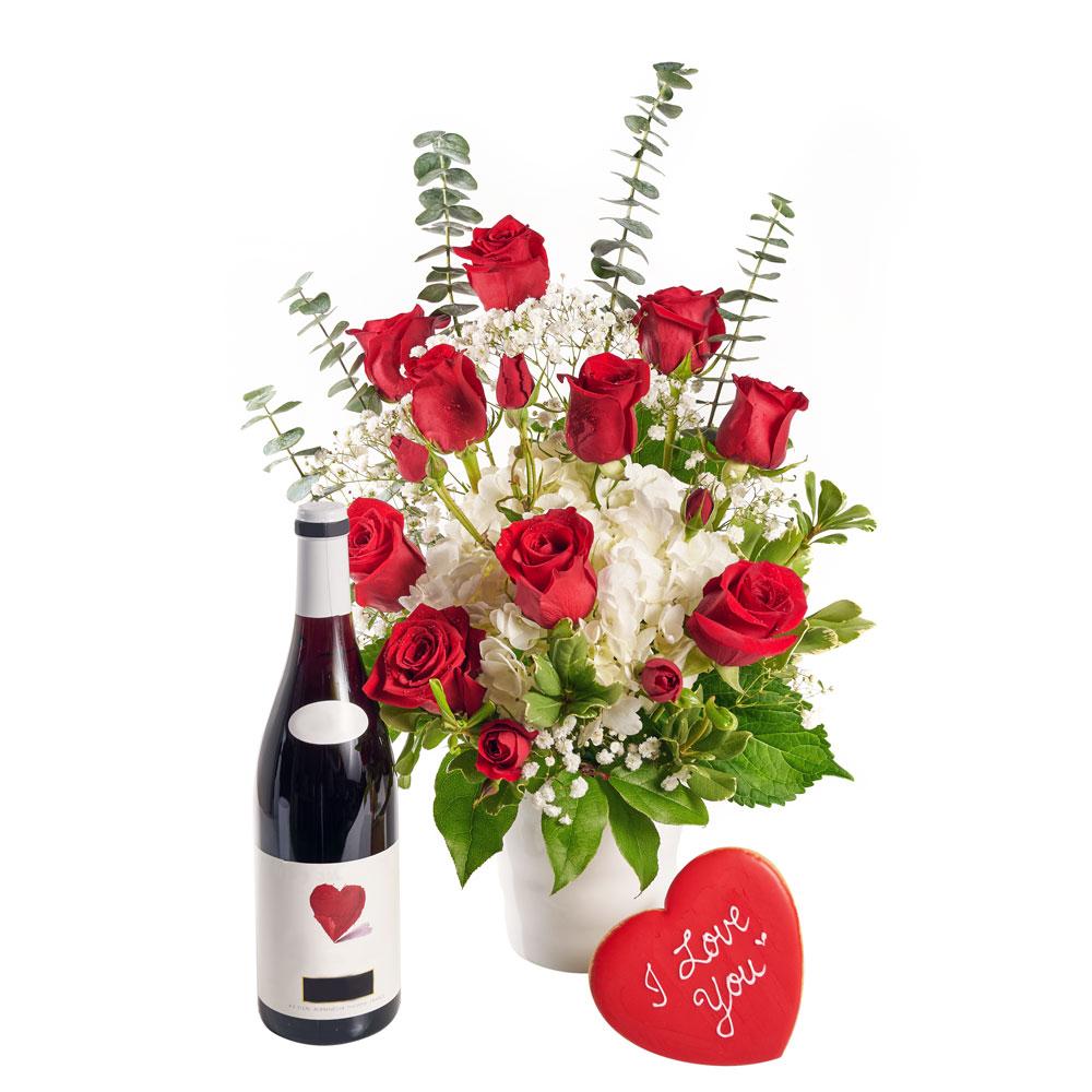 Rose & Hydrangea Vase with Wine - Heart & Thorn - Canada flower delivery