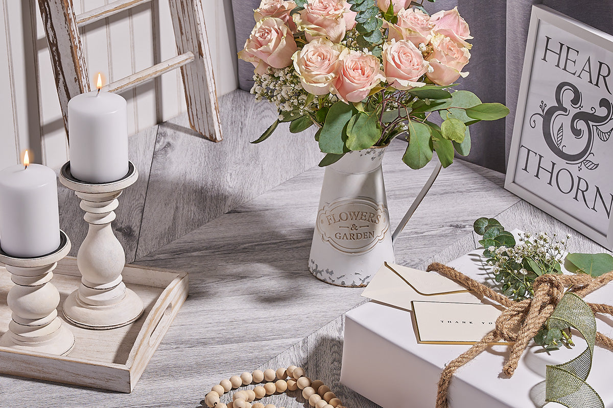 Modern rose arrangement prepared in studio setting
