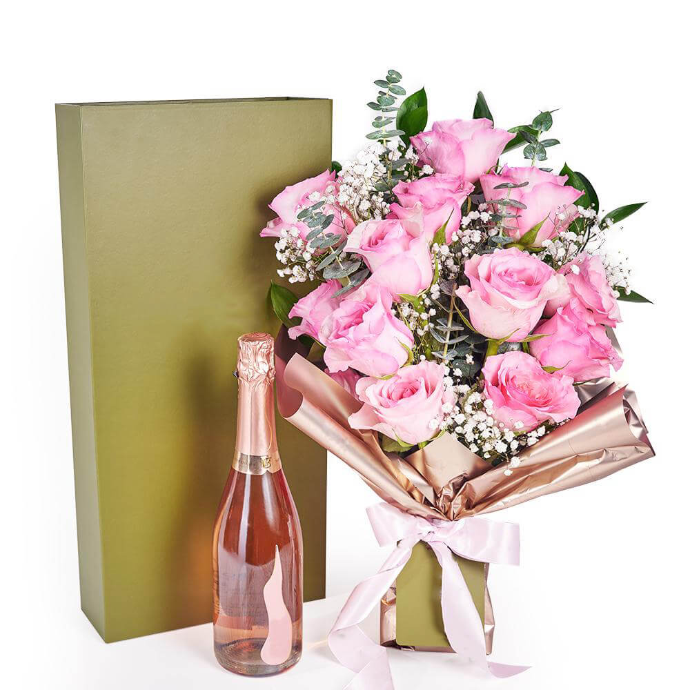 Mother’s Day 12 Stem Pink Rose Bouquet with Box &amp; Champagne