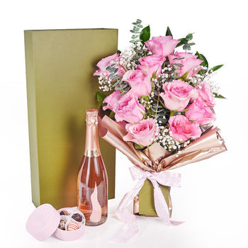Mother’s Day Dozen Pink Rose Bouquet with Box, Champagne, &amp; Chocolate