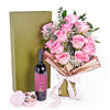 Mother’s Day Dozen Pink Rose Bouquet with Box, Wine, & Chocolate