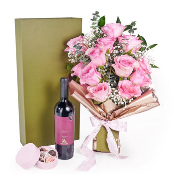 Mother’s Day Dozen Pink Rose Bouquet with Box, Wine, &amp; Chocolate