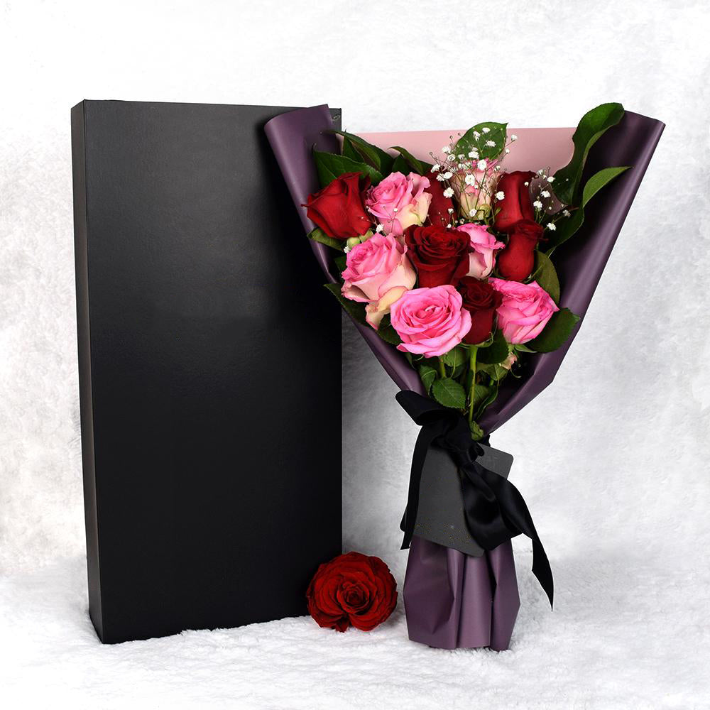Valentine's Day 12 Stem Pink & Red Rose Bouquet With Designer Box, Heart & Thorn Canada Same Day Flower Delivery, Valentine's Day gifts, roses