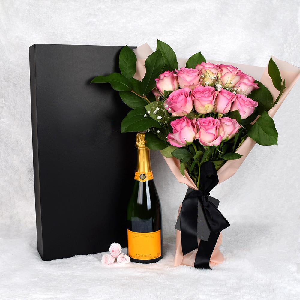 Valentine's Day 12 Stem Pink Rose Bouquet With Box &amp; Champagne