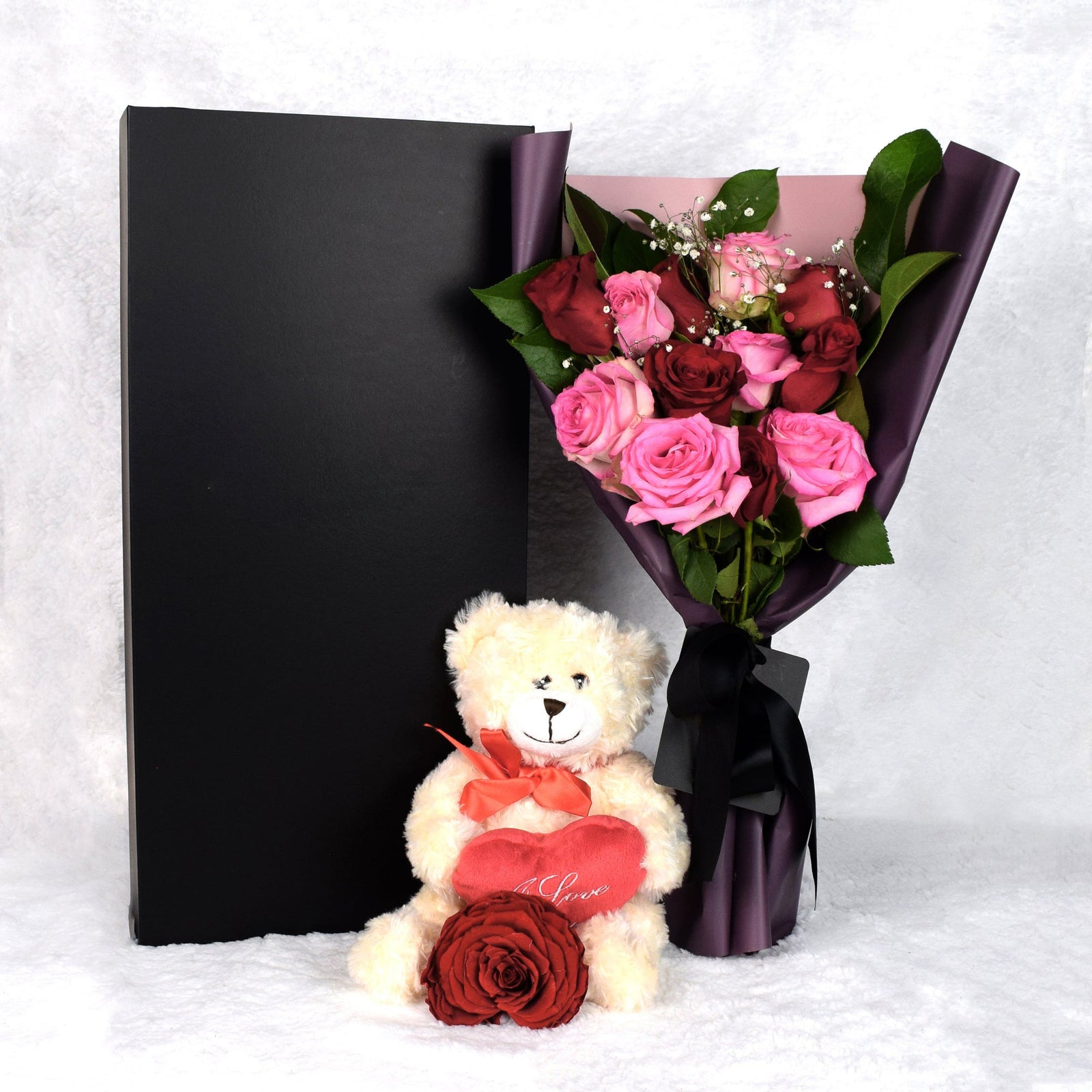 Valentine's Day 12 Stem Red & Pink Rose Bouquet With Box & Bear, Heart & Thorn Canada Same Day Flower Delivery, Valentine's Day gifts, roses, plush gifts