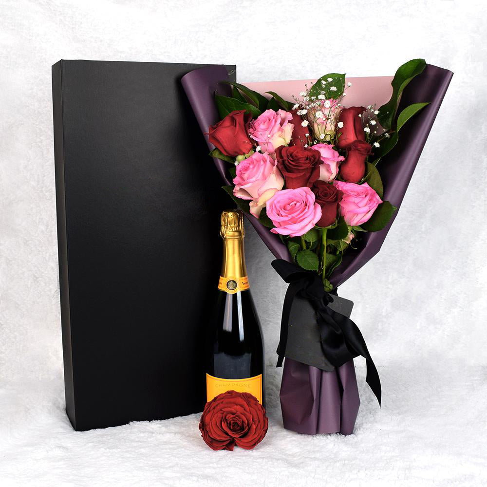 Valentine’s Day 12 Stem Red &amp; Pink Rose Bouquet With Box &amp; Champagne, Heart &amp; Thorn Canada Same Day Flower Delivery, Valentine's Day gifts, roses