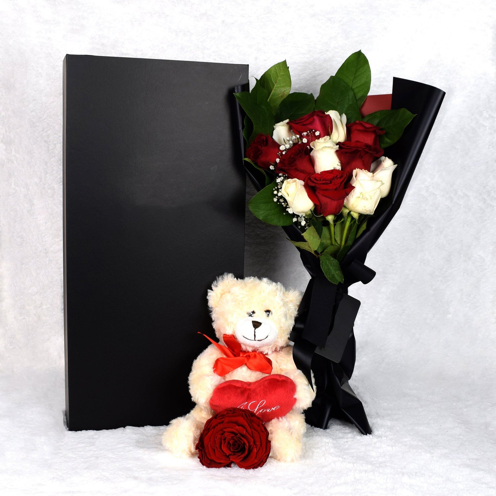 Valentine's Day 12 Stem Red & White Bouquet With Box & Bear - Heart & Thorn - Canada flower delivery