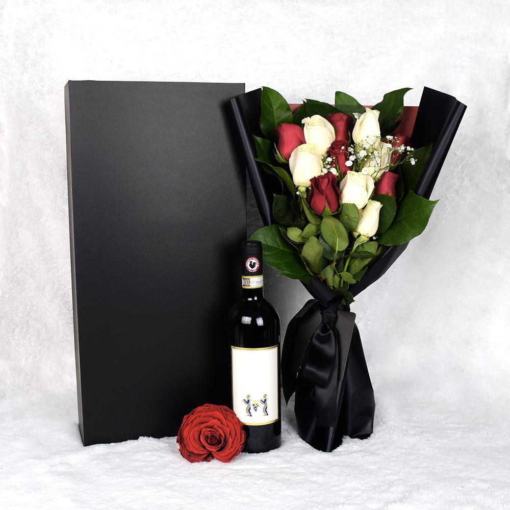 Valentine’s Day 12 Stem Red & White Rose Bouquet With Box & Wine, Valentine's Day gifts, roses, wine gifts.