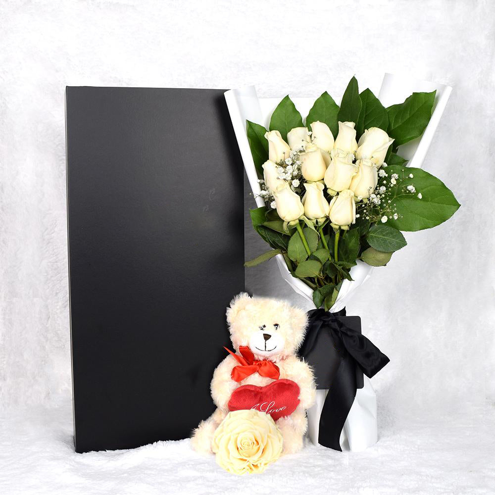 Valentine’s Day 12 Stem White Rose Bouquet With Box &amp; Bear