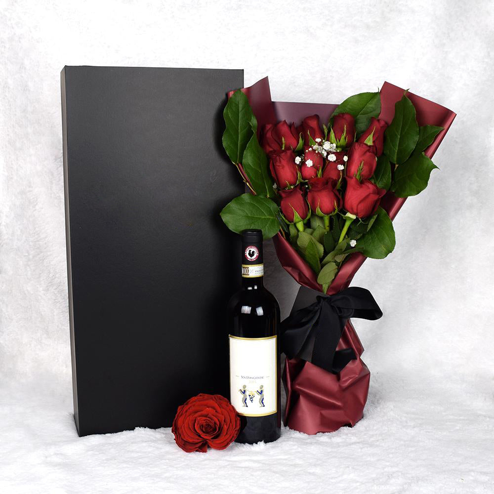 Valentines Day 12 Stem Red Rose Bouquet With Box &amp; Wine