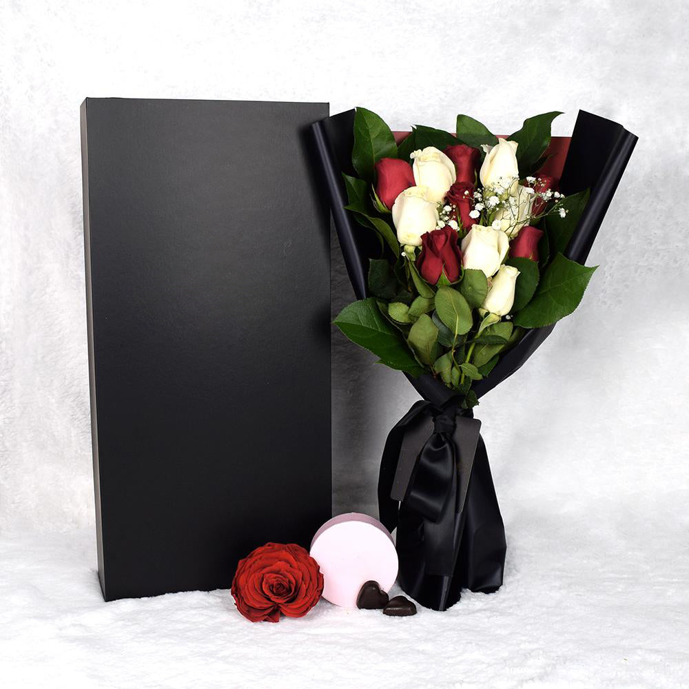 Valentine’s Day Dozen Red &amp; White Rose Bouquet With Box &amp; Chocolate, Valentine's Day gifts.