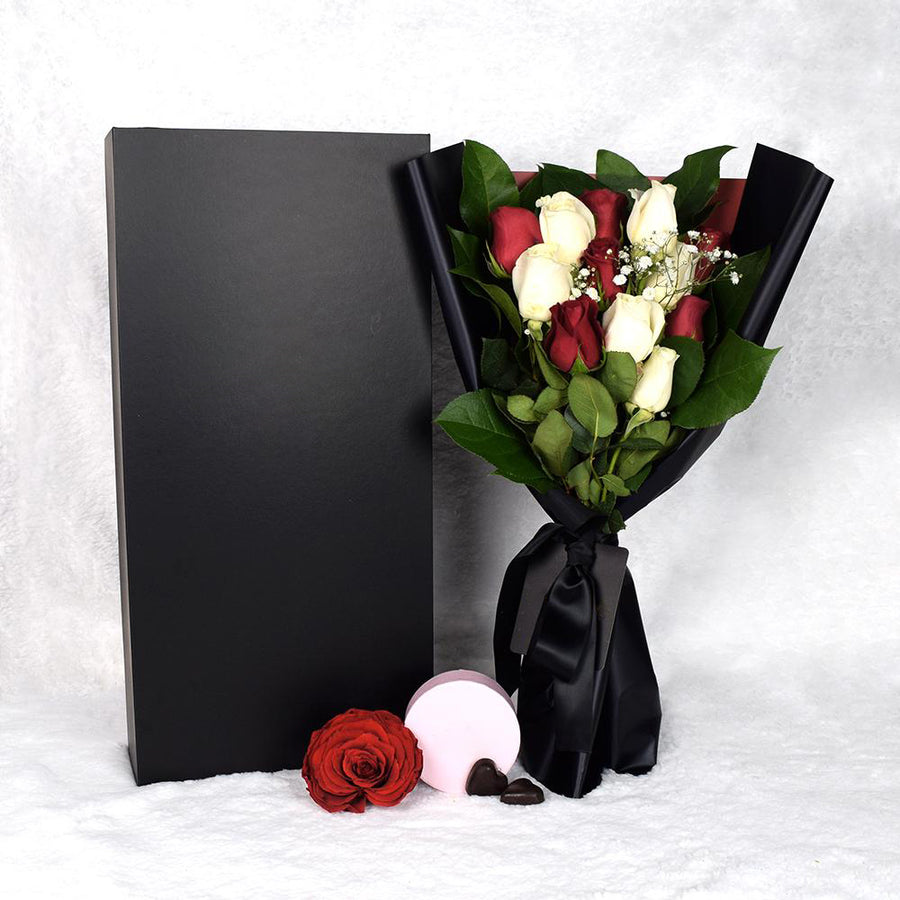 Valentine’s Day Dozen Red & White Rose Bouquet With Box & Chocolate, Valentine's Day gifts.