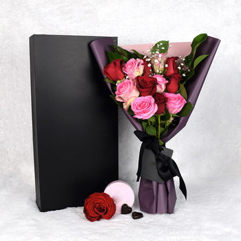 Valentine’s Day Dozen Red & Pink Rose Bouquet With Box & Chocolate, Heart & Thorn Canada Same Day Flower Delivery, Valentine's Day gifts