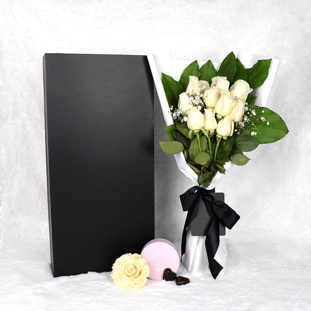 Valentine’s Day Dozen White Rose Bouquet With Box &amp; Chocolate
