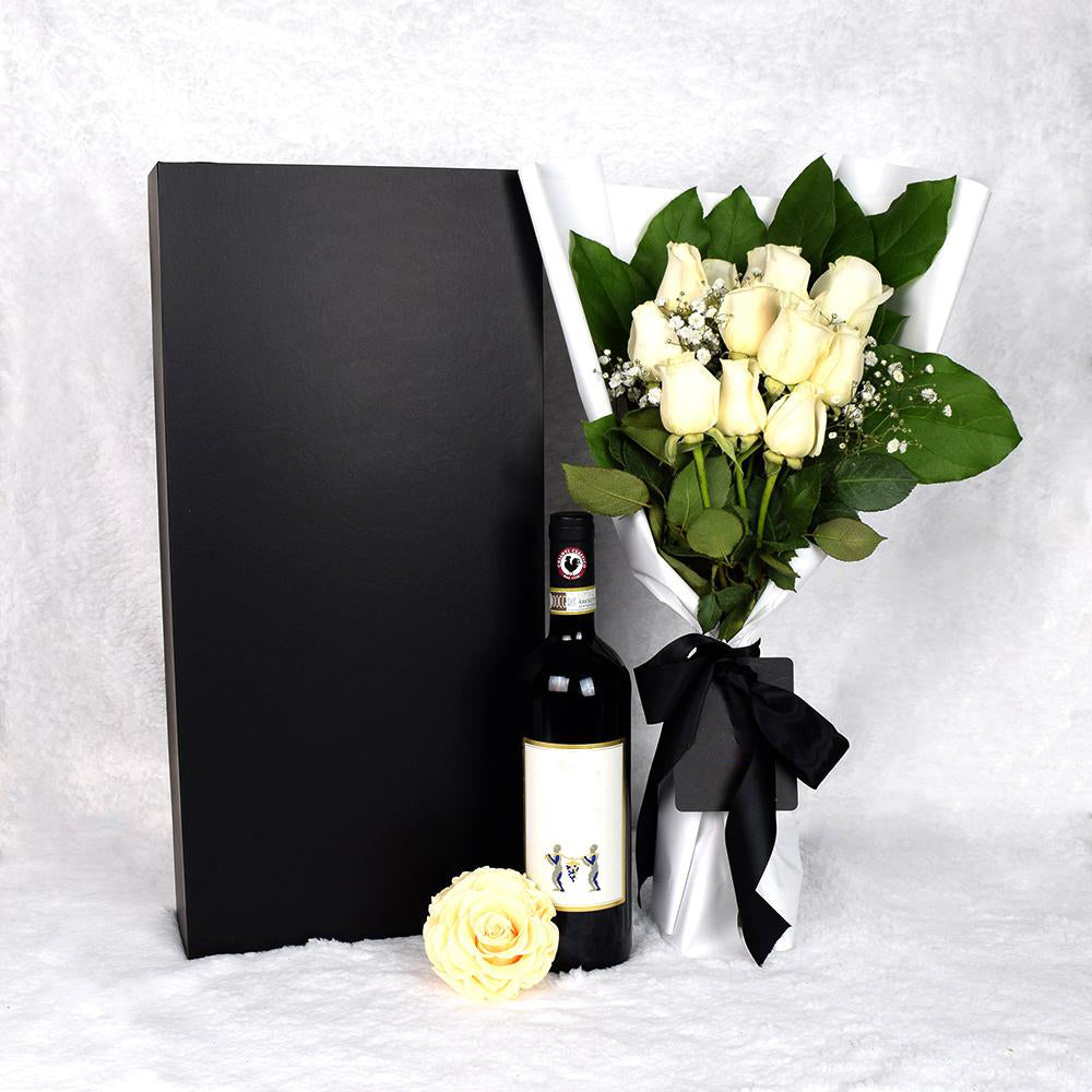 Valentine's Day Dozen White Rose Bouquet With Box &amp; Wine