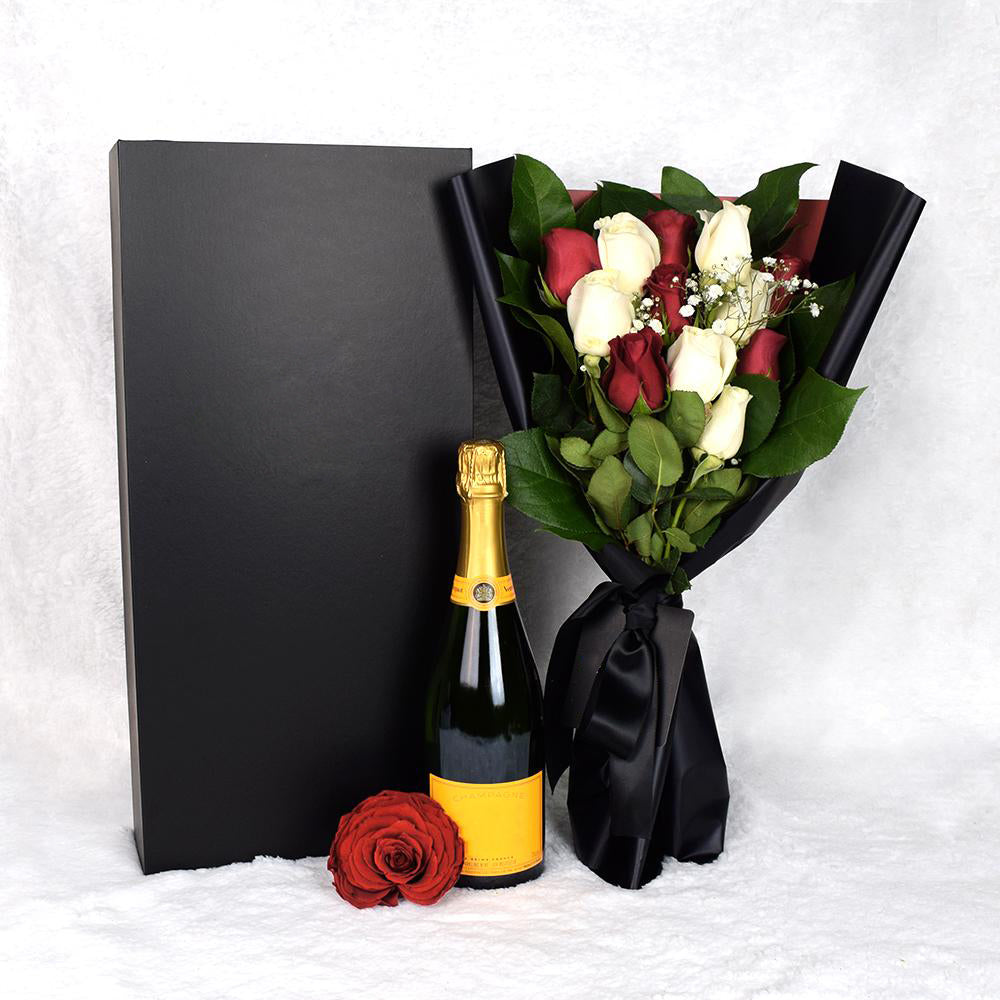 Valentine's Day 12 Stem Red &amp; White Rose Bouquet With Box &amp; Champagne, Valentine's Day gifts, roses, champagne gifts.