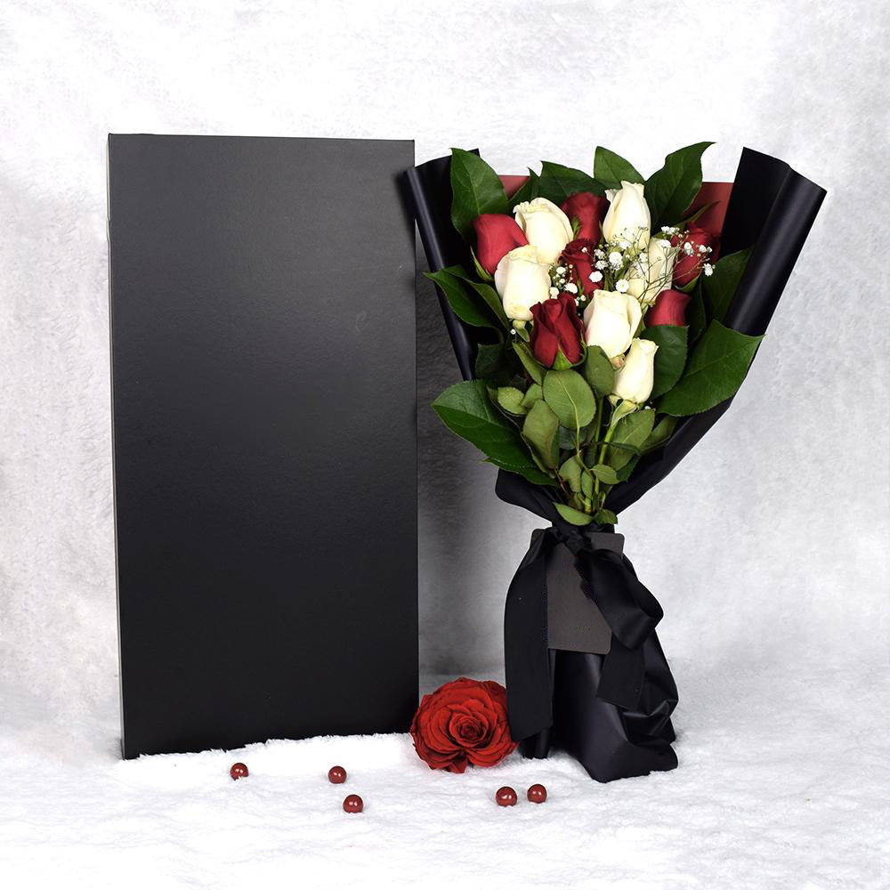 Valentine's Day 12 Stem Red &amp; White Rose Bouquet with Box