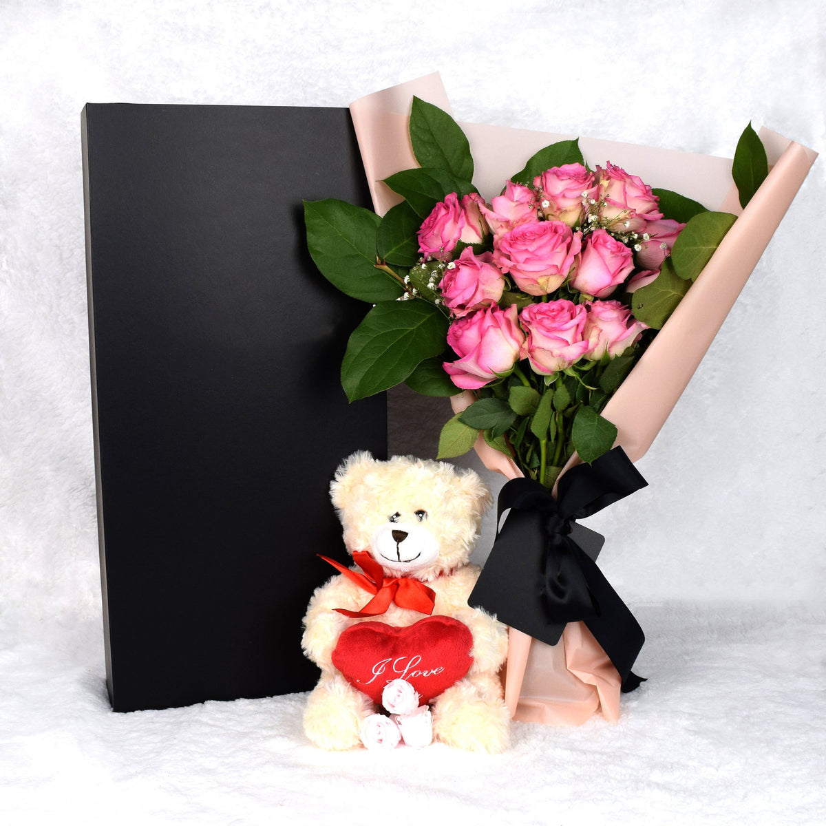 Valentines Day 12 Stem Pink Rose Bouquet With Box &amp; Bear