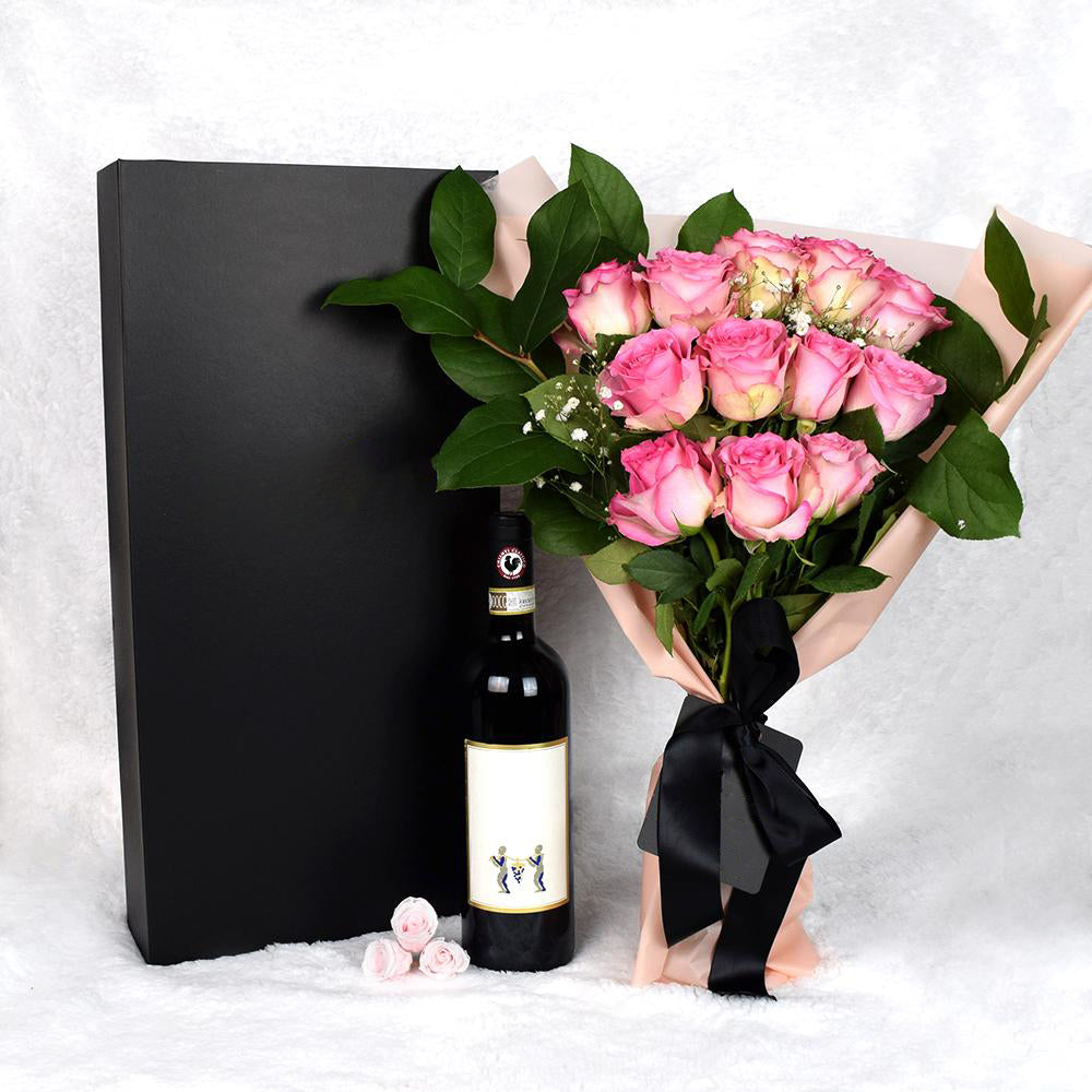 Valentines Day 12 Stem Pink Rose Bouquet With Box &amp; Wine