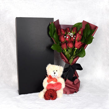 Valentines Day 12 Stem Red Rose Bouquet With Box &amp; Bear