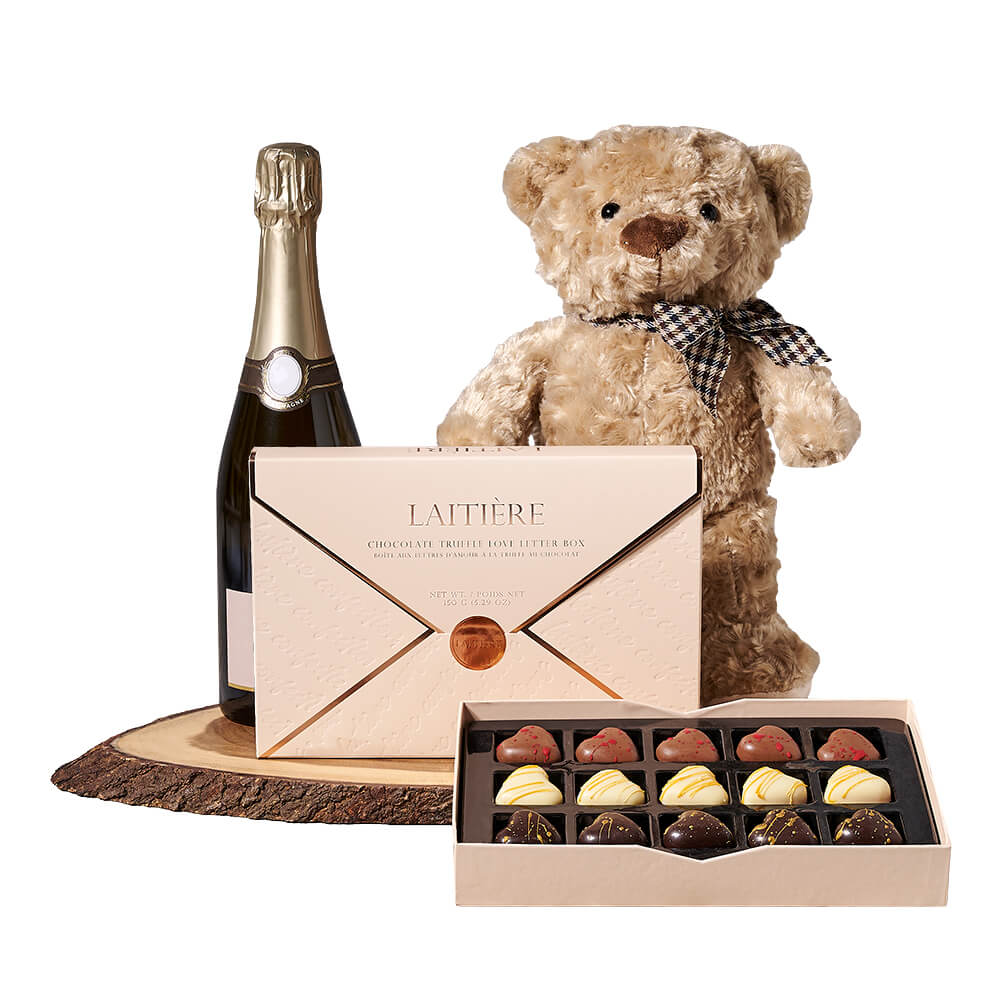 Champagne &amp; Teddy Chocolate Gift, champagne gift, champagne, sparkling wine gift, sparkling wine, chocolate gift, chocolate, teddy bear gift, teddy bear, plush gift, plush, gourmet gift, gourmet