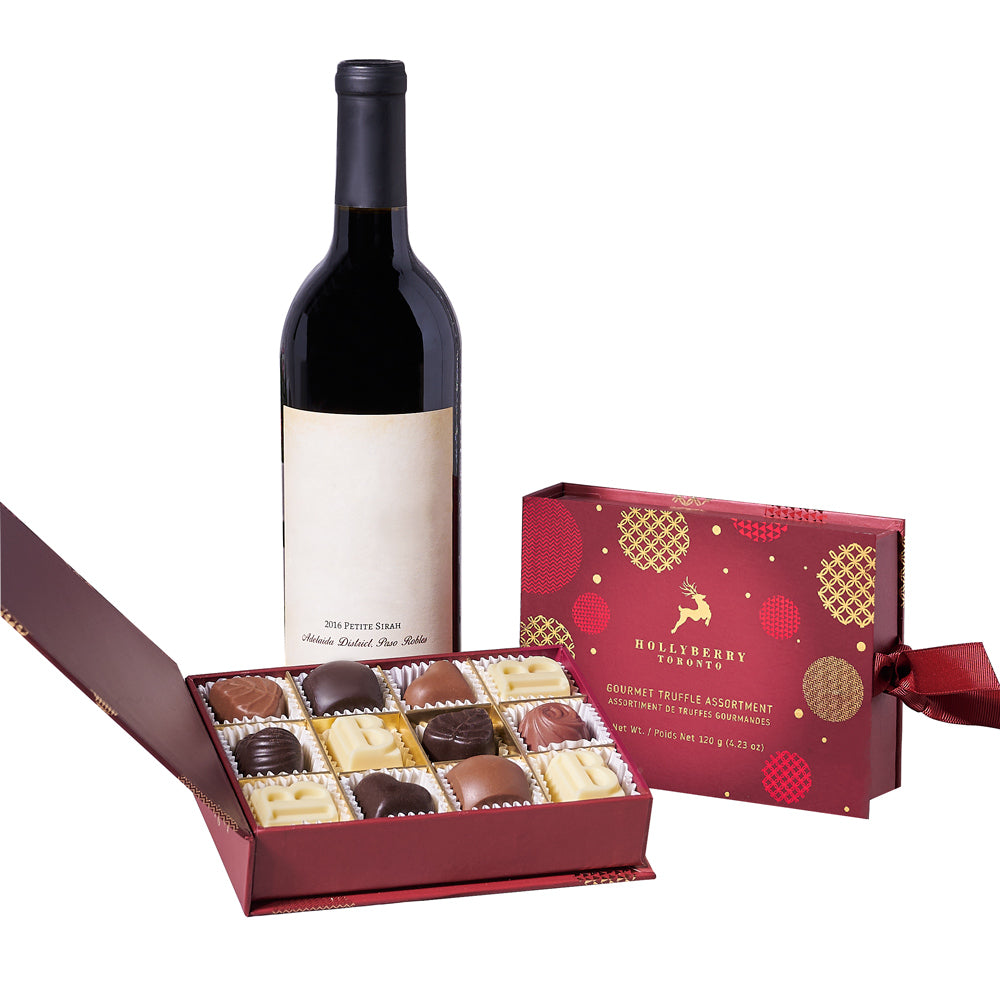 Christmas Wine &amp; Chocolate Gift Set, Gourmet Gift Baskets, Wine Gift Baskets, Christmas Gift Baskets, Xmas Gifts, Truffles, Wine, Canada Delivery