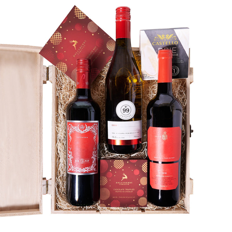 Holiday Wine Trio & Treat Gift Box, candy, chocolate, chocolate bar, christmas, Christmas Cookie, Christmas set, gourmet, wine, wooden box, christmas Wine Trio, Wine Box Trio delivery