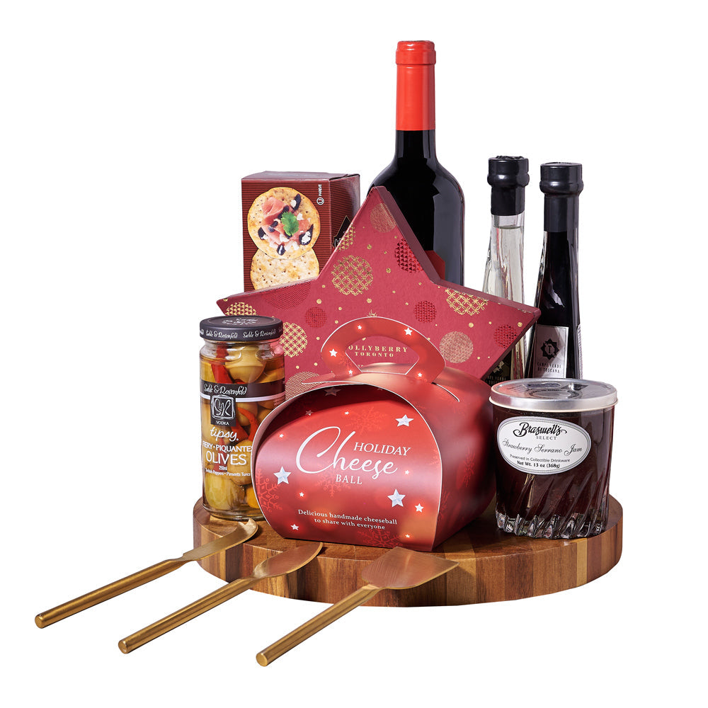 Holiday Wine & Appetizer Gift Set, Wine Gift Baskets, Gourmet Gift Baskets, Cheese Gift Baskets, Chocolate, Cheeseball, Jam, Wine, Crackers, Xmas Gifts