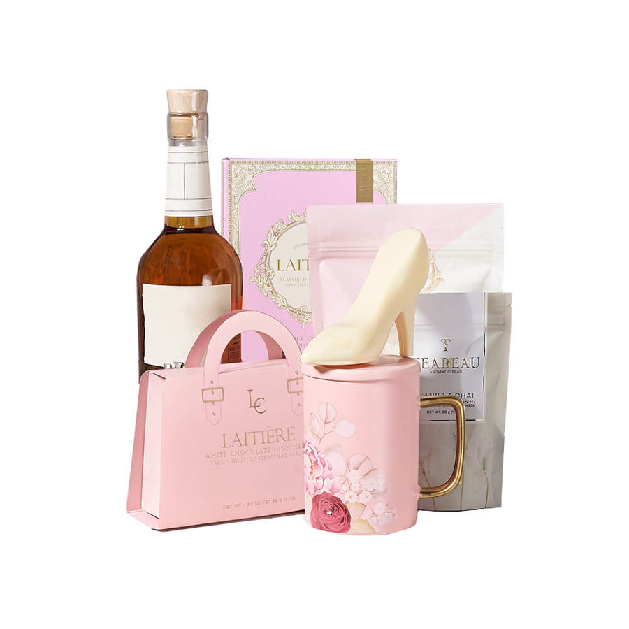 Liquor & Perfect Pink Chocolate Crate, liquor gift, liquor, chocolate gift, chocolate, tea gift, tea