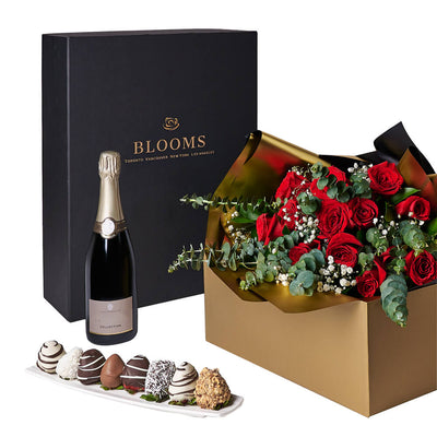 Love Like This Rose Gift Box, rose gift, roses, champagne gift, champagne, sparkling wine gift, sparkling wine, rose gift, roses, flower gift, flowers, chocolate covered strawberries, chocolate covered strawberry gift, valentines gift, valentines