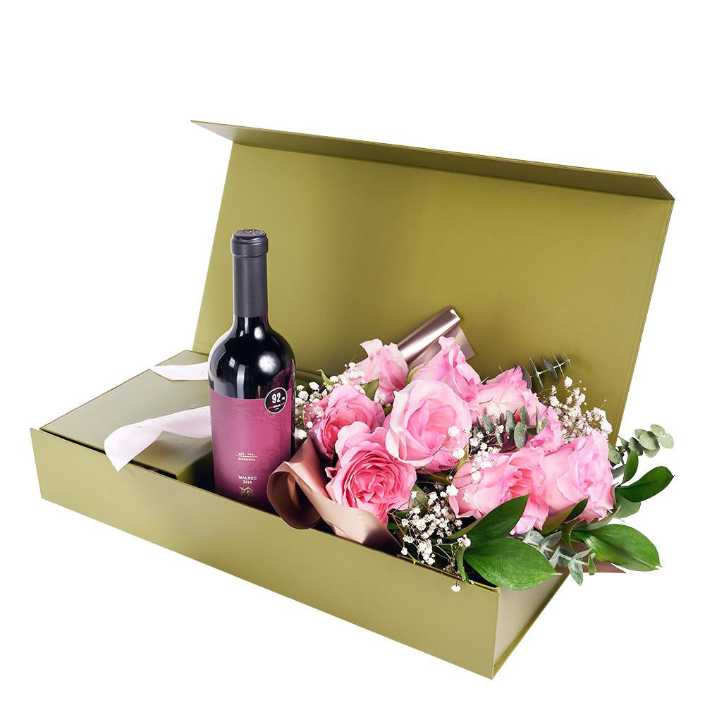 Mother's Day 12 Stem Pink Rose Bouquet with Box and Wine - Heart &amp; Thorn - Canada flower delivery