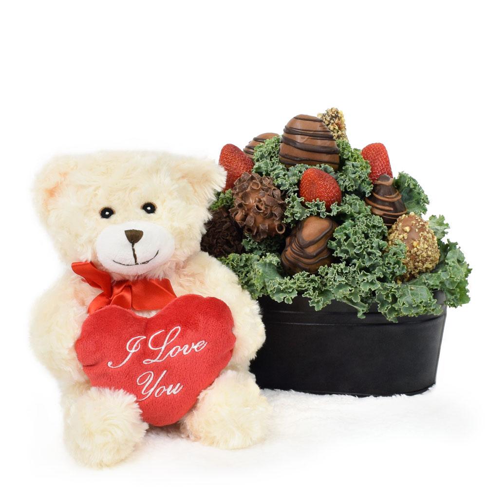 Mother's Day Bear &amp; Chocolate Covered Strawberry Gift Tin - Heart &amp; Thorn - Canada flower delivery