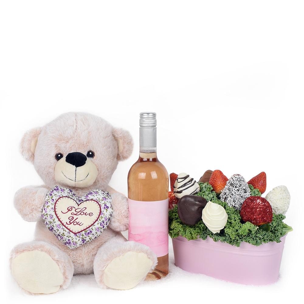 Mother’s Day Pink Wine, Bear &amp; Chocolate Covered Strawberry Gift Tin - Heart &amp; Thorn - Canada chocolate delivery