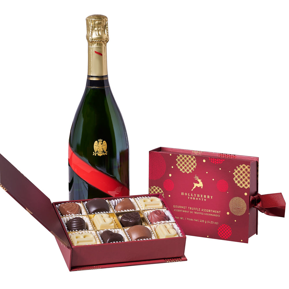 Holiday Champagne &amp; Chocolate Gift, Christmas Gift Baskets, Champagne Gift Baskets, Gourmet Gift Baskets, Chocolate Gift Baskets, Chocolate Truffles, Champagne, Xmas Gifts, Canada Delivery