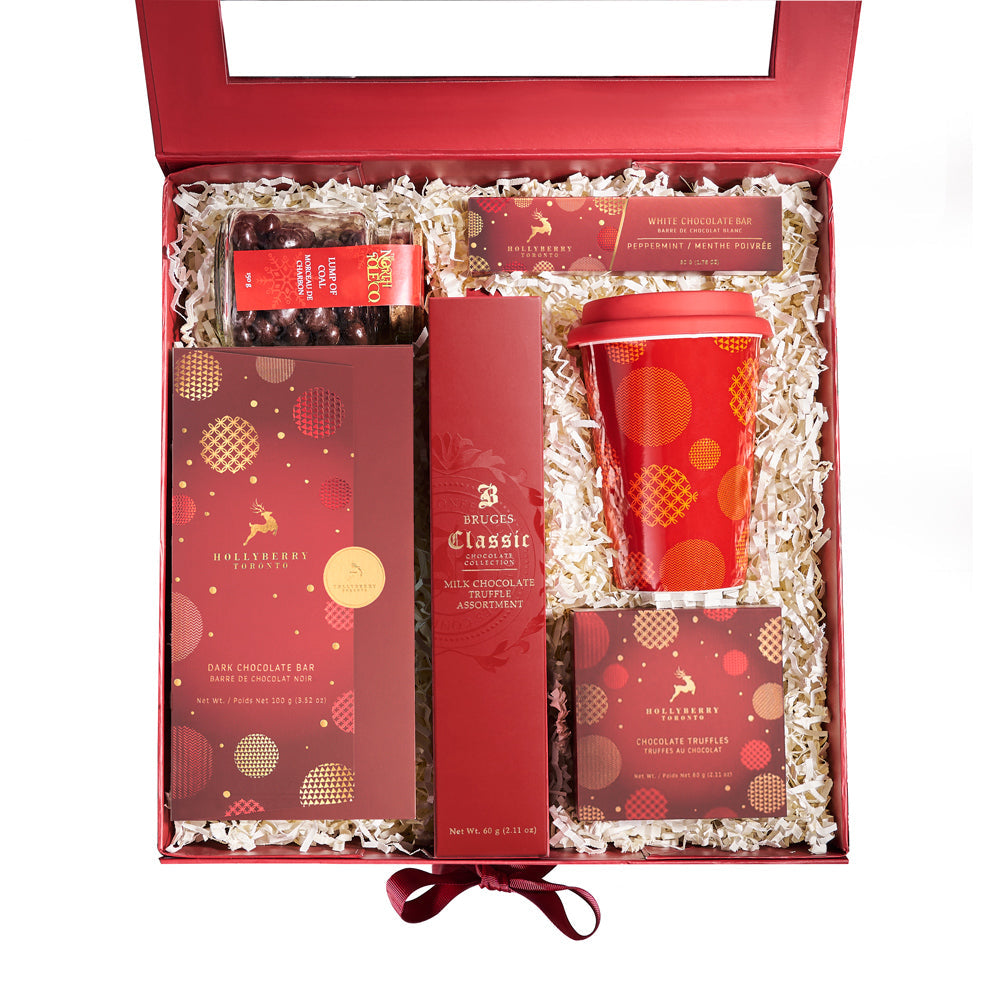 Travel Cup & Holiday Chocolate Box, christmas gift basket, christmas gift, christmas, holiday gift basket, holiday gift, holiday, gourmet gift basket, gourmet gift, gourmet