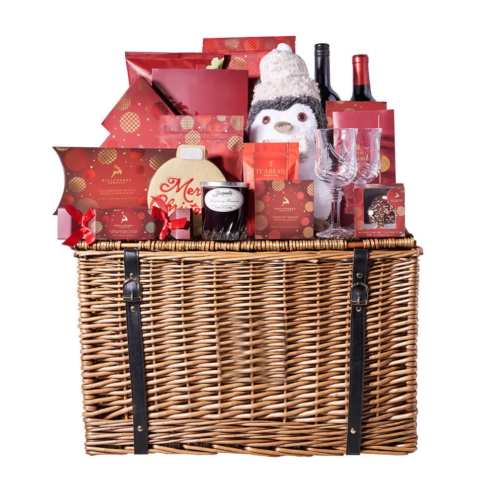 Seasonâ€™s Greetings Wine Gift Basket, christmas gift, christmas, holiday gift, holiday, gourmet gift, gourmet, chocolate gift, chocolate