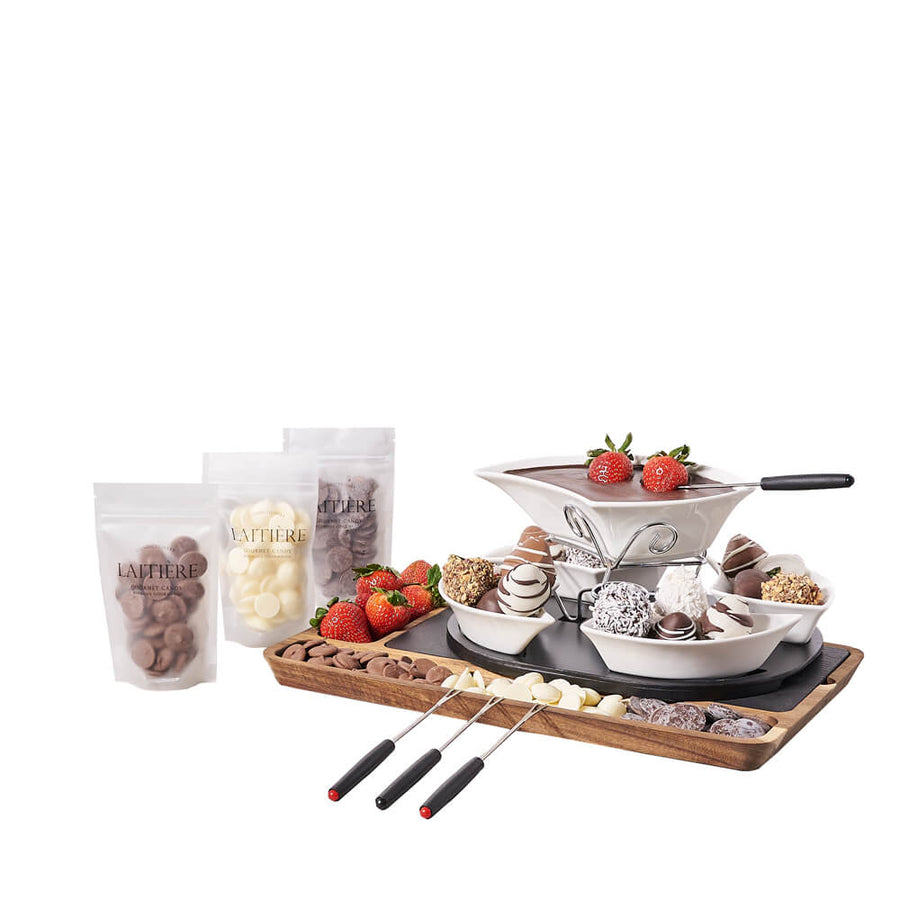 Strawberry & Chocolate Fondue Gift Board, chocolate gift, chocolate, fondue gift, fondue, chocolate fondue gift, chocolate fondue, fruit gift, fruit, strawberry gift, strawberry, gourmet gift, gourmet
