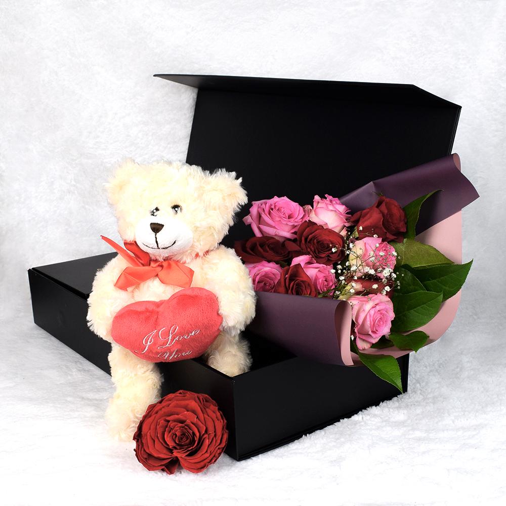 Valentine's Day 12 Stem Red &amp; Pink Rose Bouquet With Box &amp; Bear - Heart &amp; Thorn - Canada flower delivery