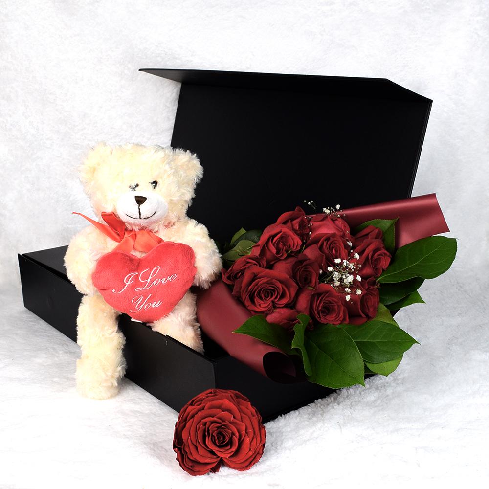 Valentine's Day 12 Stem Red Rose Bouquet with Box &amp; Bear - Heart &amp; Thorn - Canada flower delivery